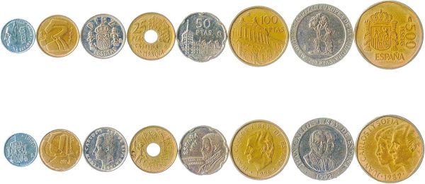 Set of 8 Spanish Coins. 1, 5, 10, 25, 50, 100, 200, 500 Pesetas. 1987-2001