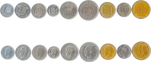 Set of 9 Spain Coins 1, 2, 5, 10, 25, 50, 100, 200, 500 Pesetas 1982-2001
