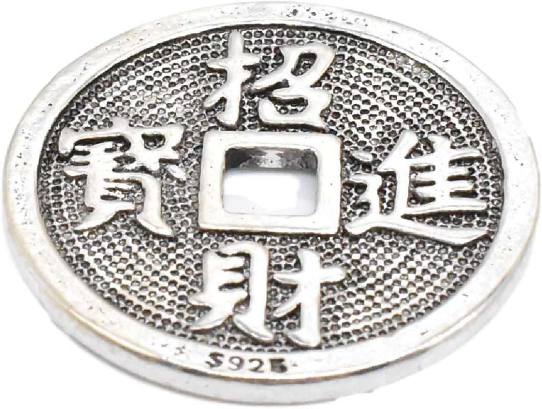 Sterling Silver Chinese Fortune Coin Charm 925 Sterling Silver Lucky Coin Bead 925 Silver Feng Shui Sterling Silver, Sterling Silver