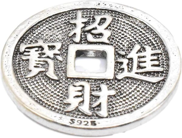 Sterling Silver Chinese Fortune Coin Charm 925 Sterling Silver Lucky Coin Bead 925 Silver Feng Shui Sterling Silver, Sterling Silver