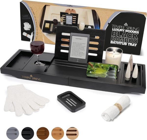 Temple Spring Bathroom Shelf, Bamboo Bath Tray, Extendable Bath Tray, Bath Accessories - Black
