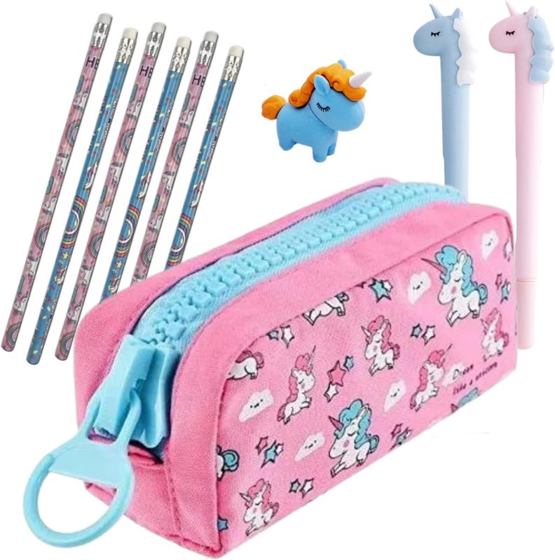 Unicorn School Pencil Case – Gift for Girls 6 7 8 9 Years – Stationery Set with Pencils, Rubber and Pens – Large Zip and Large Capacity – Original Birthday Unicorn Gift, pink, Pink