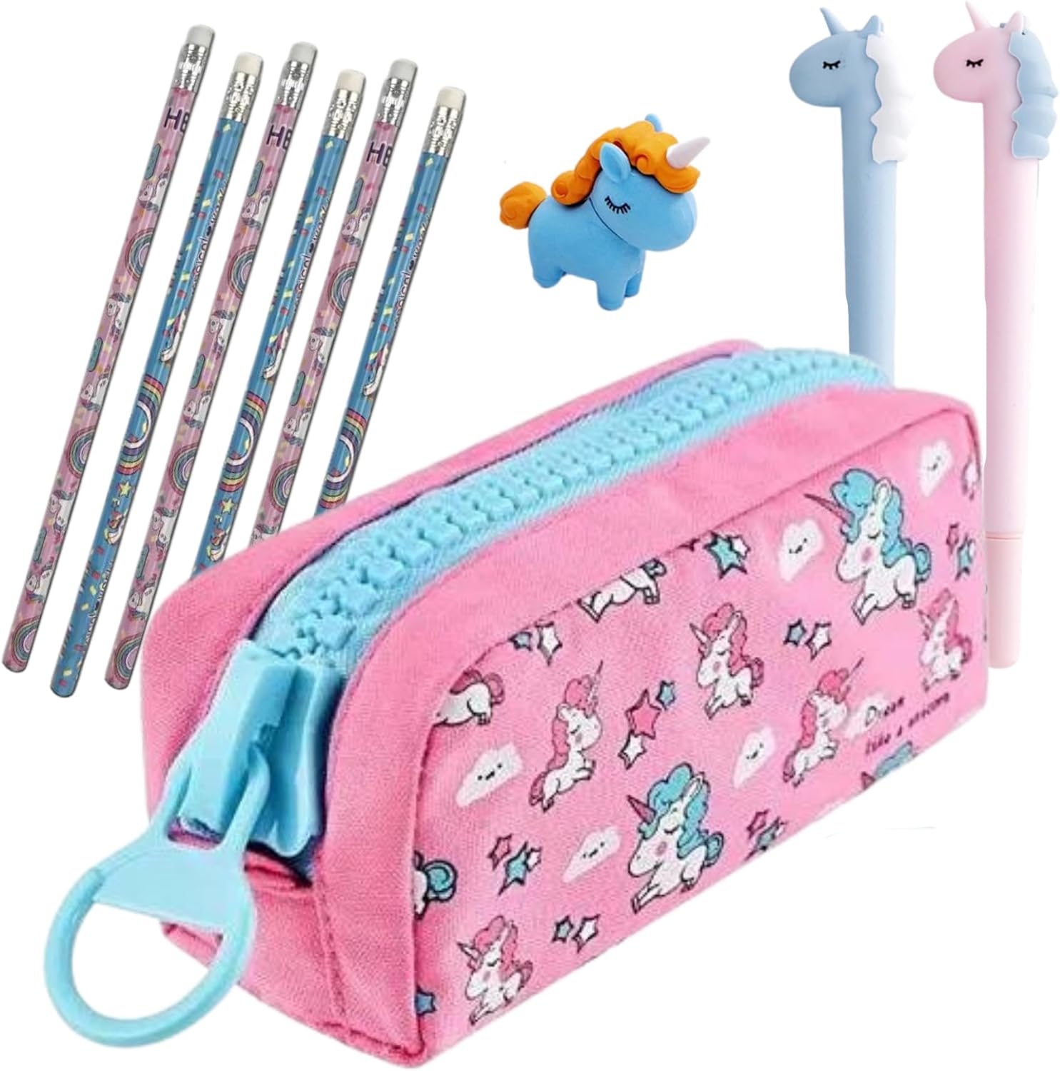 Unicorn School Pencil Case – Gift for Girls 6 7 Unicorn School Pencil Case – Gift for Girls 6 7 8 9 Years – Stationery Set with Pencils, Rubber and Pens – Large Zip and Large Capacity – Original Birthday Unicorn Gift, pink, Pink