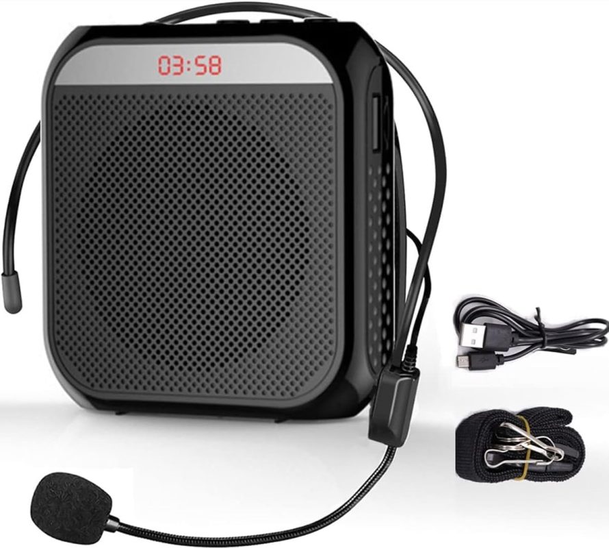 Voice Amplifier, Rechargeable PA System, 2200 mAh, Rechargeable Microphone for Teachers, Tour Guides, Portable Speaker with Microphone, Headphones and Waist-Black
