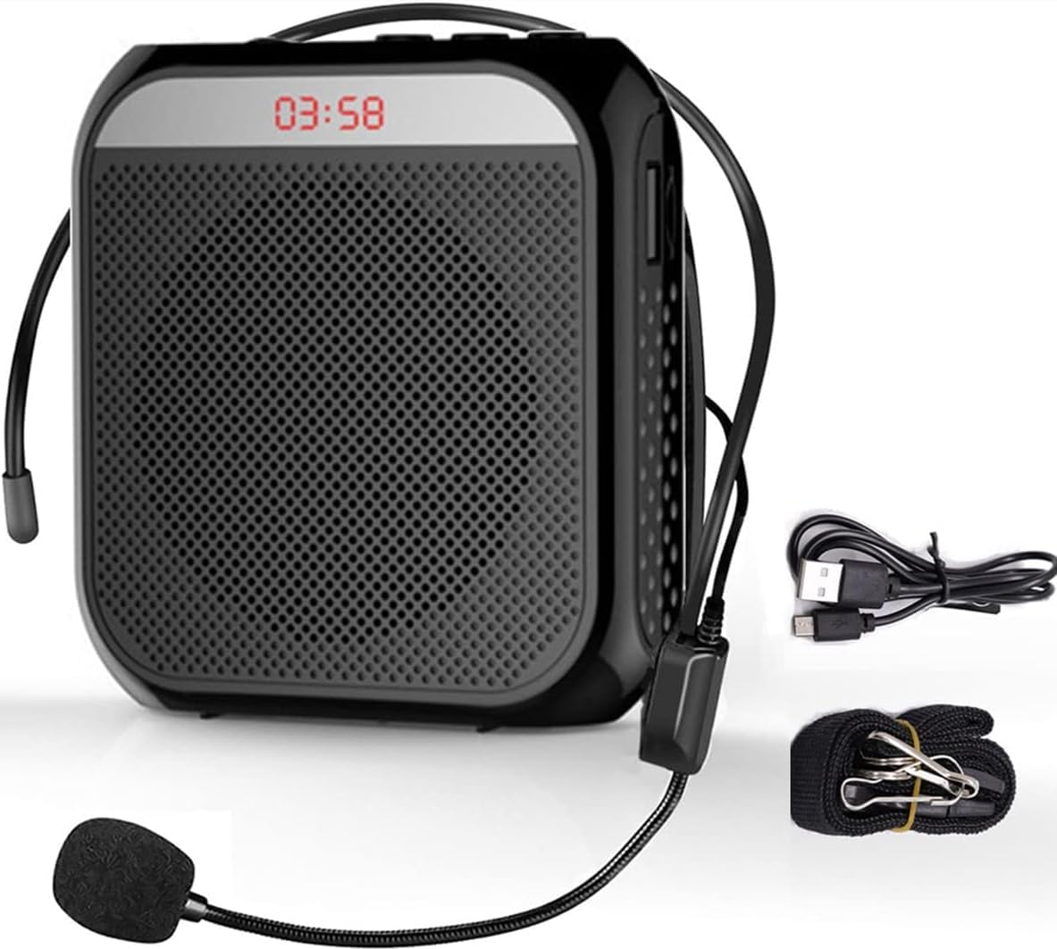 Voice Amplifier, Rechargeable PA System, 2200 mAh, Rechargeable Microphone for Voice Amplifier, Rechargeable PA System, 2200 mAh, Rechargeable Microphone for Teachers, Tour Guides, Portable Speaker with Microphone, Headphones and Waist-Black