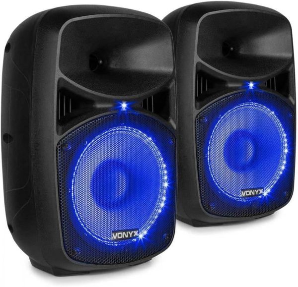 Vonyx VPS082A Sound System Pack of 2 400W Portable Active Speakers with Wired Microphone, Remote Control, Bluetooth Technology, MP3 Player with USB and SD, LED Lights