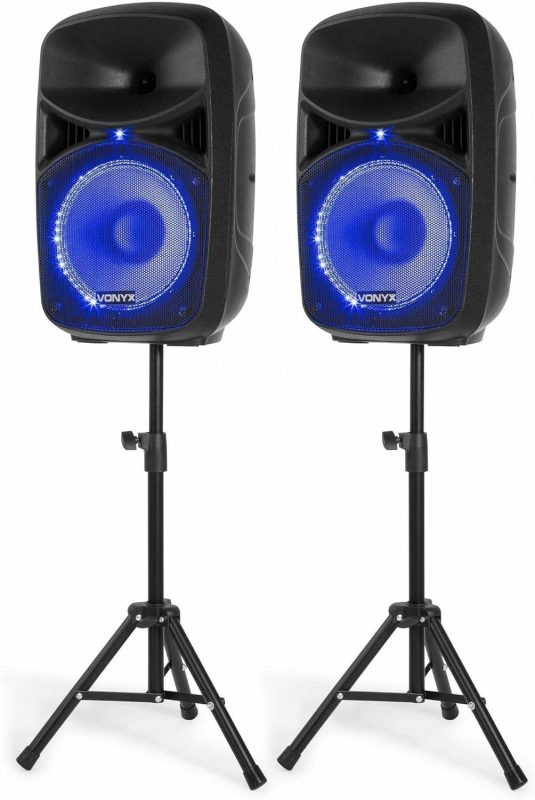 Vonyx VPS102A - Sound System 600W max (300W Output, 200W RMS), Bluetooth, USB, Rhythmic LEDs, Microphone, Remote Control and Stands Included for Events, Karaoke and Beginner DJs
