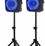 Vonyx VPS122A Powered Speakers Pack of 2 800W Portable Active/Passive Bluetooth Speakers, 12 Inches, Wired Microphone, Remote Control, Tripods, MP3 Player with USB and SD, LEDs