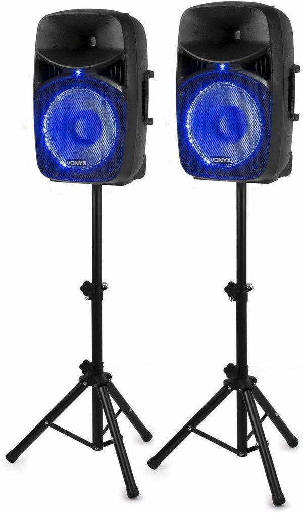 Vonyx VPS122A Powered Speakers Pack of 2 800W Portable Active/Passive Bluetooth Speakers, 12 Inches, Wired Microphone, Remote Control, Tripods, MP3 Player with USB and SD, LEDs
