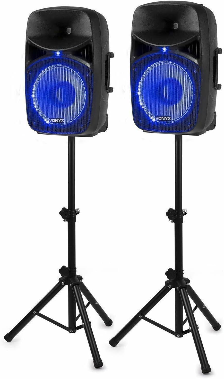 Vonyx VPS122A Powered Speakers Pack of 2 800W Portable Active/Passive Vonyx VPS122A Powered Speakers Pack of 2 800W Portable Active/Passive Bluetooth Speakers, 12 Inches, Wired Microphone, Remote Control, Tripods, MP3 Player with USB and SD, LEDs