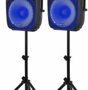 Vonyx VPS152A Powered Speakers Pack of 2 1000W Portable Active/Passive Bluetooth Speakers, 15 Inch, Wired Microphone, Remote Control, Tripods, MP3 Player with USB/SD, LEDs