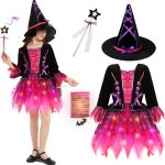 Witch Costume for Girls, Witch Dress Girl, Halloween Costumes Girls, LED Witch Skirt with Hat, Lanterns and Wand, Cosplay Witch Costume for Halloween Carnival Party