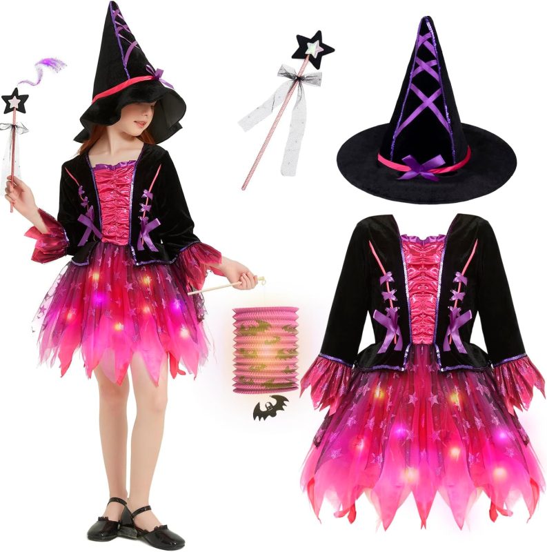 Witch Costume for Girls, Witch Dress Girl, Halloween Costumes Girls, LED Witch Skirt with Hat, Lanterns and Wand, Cosplay Witch Costume for Halloween Carnival Party