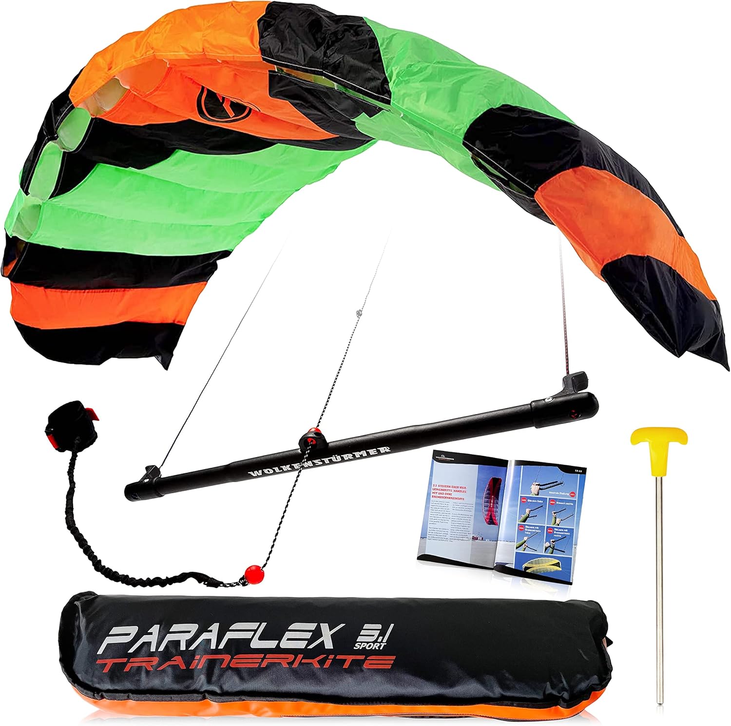 Wolkenstürmer Paraflex Trainer - Steering Mat 3 L 3.1 (Green/Orange) Wolkenstürmer Paraflex Trainer - Steering Mat 3 L 3.1 (Green/Orange) - Ready to Fly Kite 310 cm with Training Bar - Kite & Windtrainer